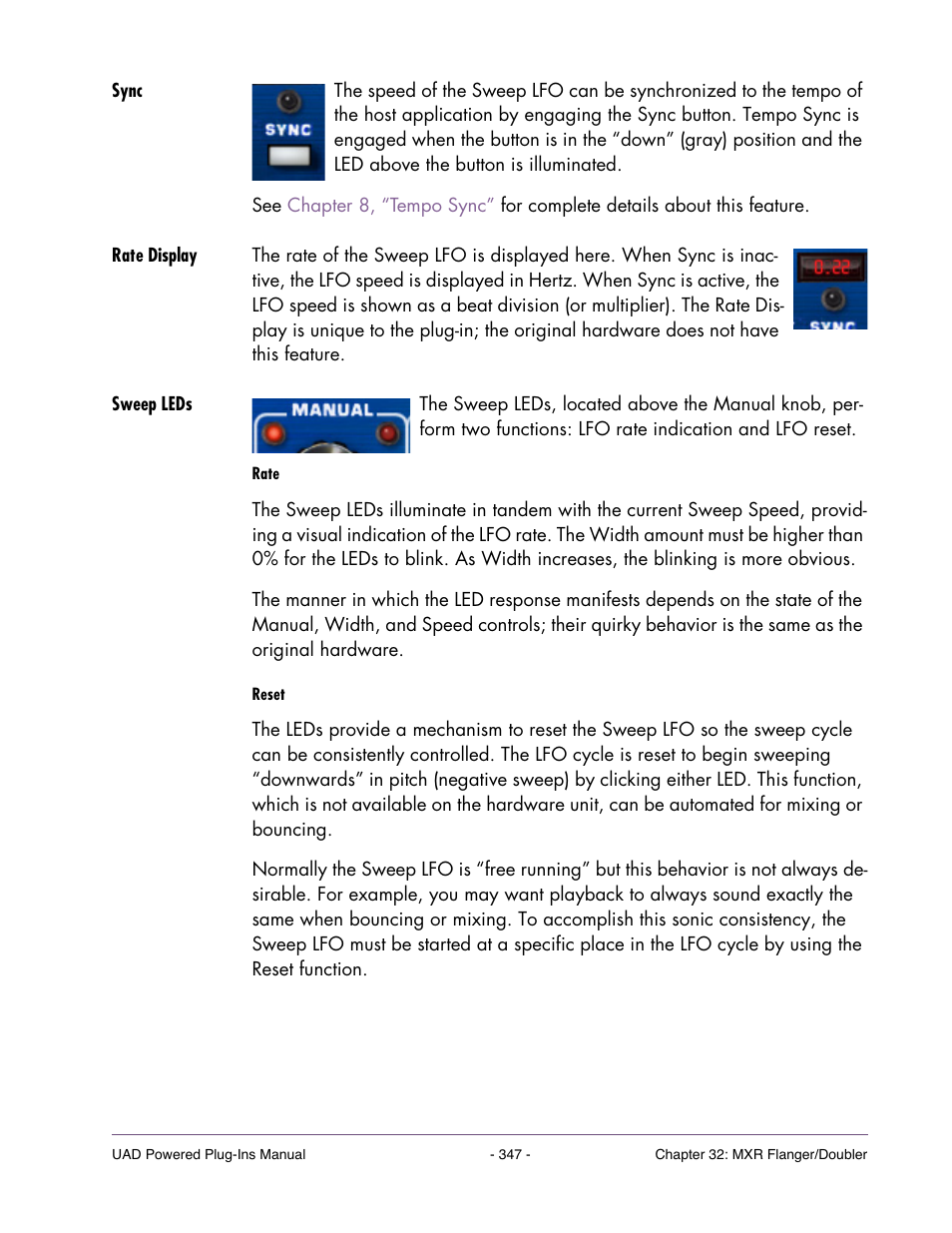 Sync, Rate display, Sweep leds | Actly). the current speed is indicated by the, And also shown in | Universal Audio UAD POWERED PLUG-INS ver.6.1 User Manual | Page 347 / 585