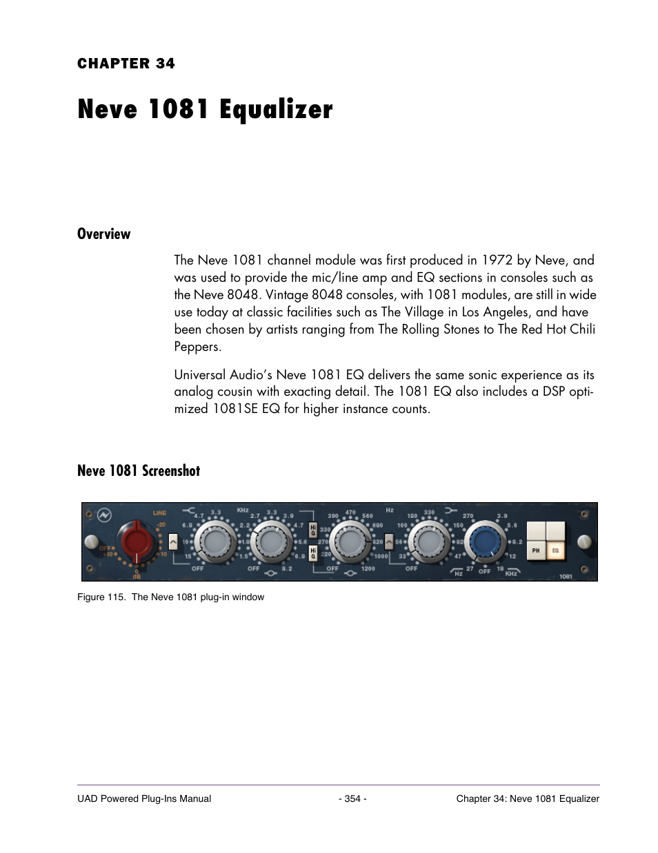 Neve 1081 equalizer, Overview, Neve 1081 screenshot | Chapter 34. neve 1081 equalizer | Universal Audio UAD POWERED PLUG-INS ver.6.1 User Manual | Page 354 / 585