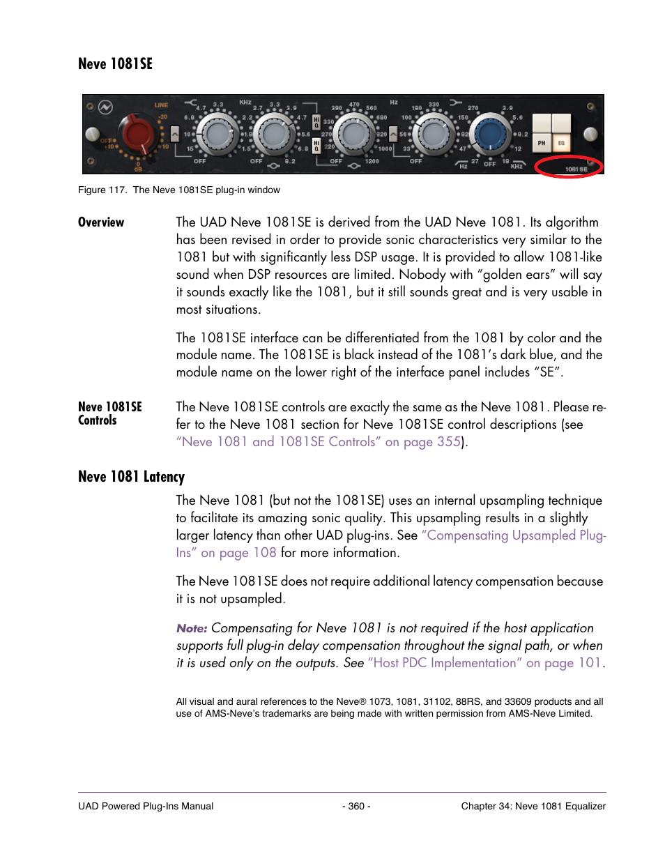 Neve 1081se, Overview, Neve 1081se controls | Neve 1081 latency | Universal Audio UAD POWERED PLUG-INS ver.6.1 User Manual | Page 360 / 585