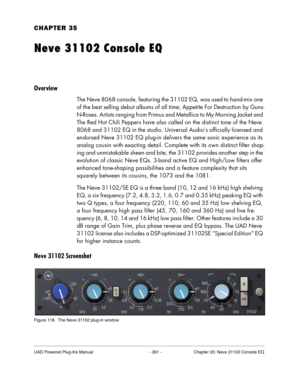 Neve 31102 console eq, Overview, Neve 31102 screenshot | Chapter 35. neve 31102 console eq | Universal Audio UAD POWERED PLUG-INS ver.6.1 User Manual | Page 361 / 585