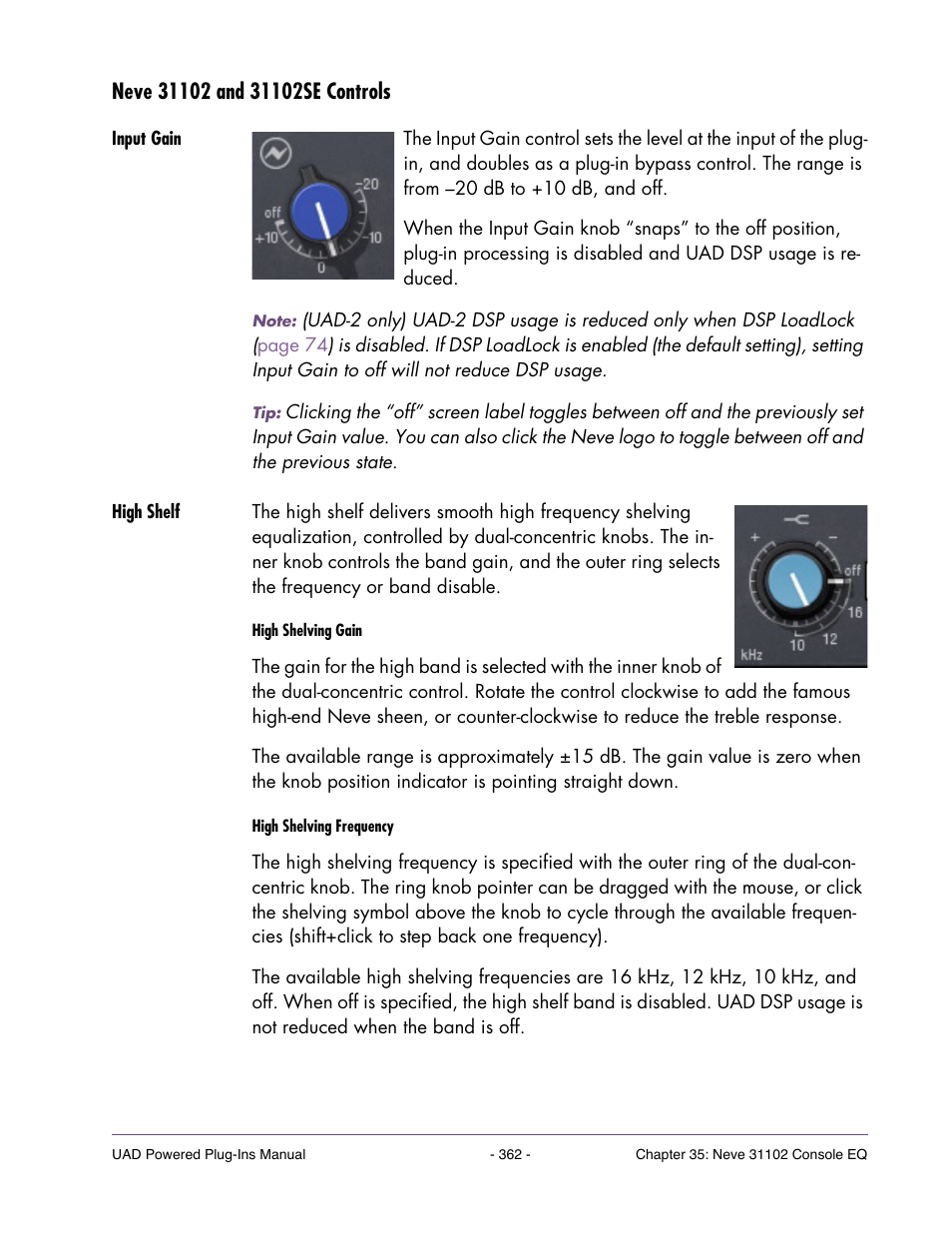 Neve 31102 and 31102se controls, Input gain, High shelf | Universal Audio UAD POWERED PLUG-INS ver.6.1 User Manual | Page 362 / 585
