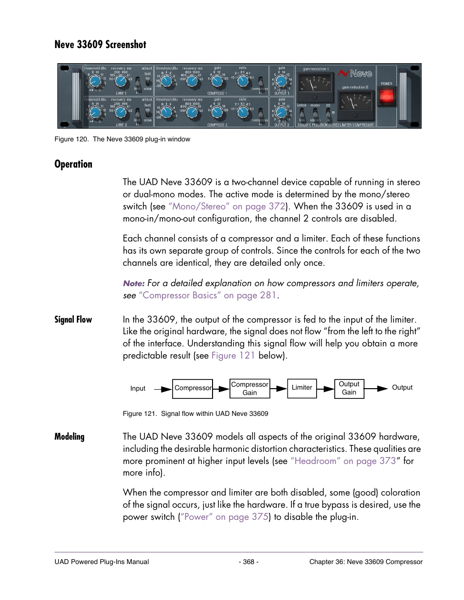 Neve 33609 screenshot, Operation, Signal flow | Modeling | Universal Audio UAD POWERED PLUG-INS ver.6.1 User Manual | Page 368 / 585