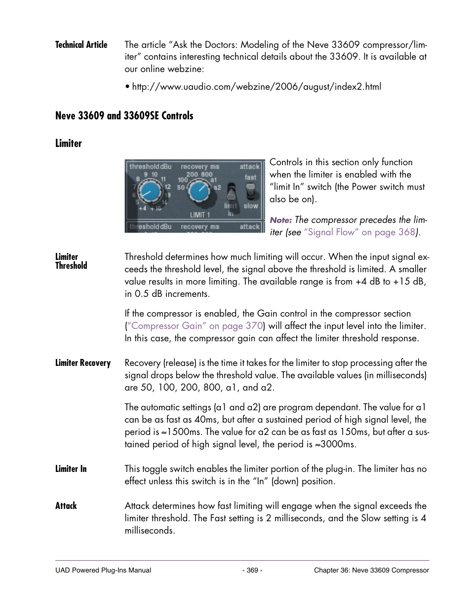 Technical article, Neve 33609 and 33609se controls, Limiter | Limiter threshold, Limiter recovery, Limiter in, Attack | Universal Audio UAD POWERED PLUG-INS ver.6.1 User Manual | Page 369 / 585