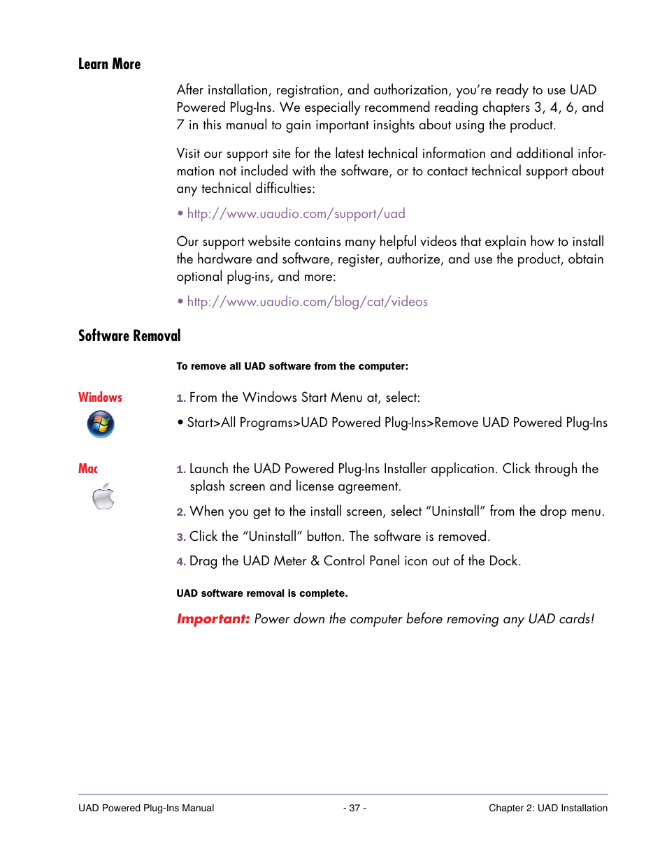 Learn more, Software removal | Universal Audio UAD POWERED PLUG-INS ver.6.1 User Manual | Page 37 / 585