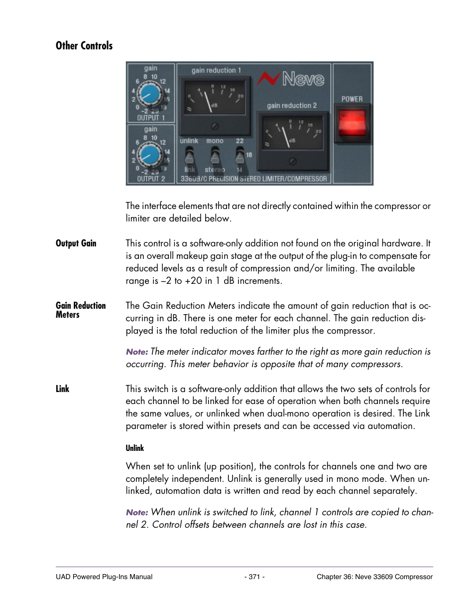 Other controls, Output gain, Gain reduction meters | Link | Universal Audio UAD POWERED PLUG-INS ver.6.1 User Manual | Page 371 / 585