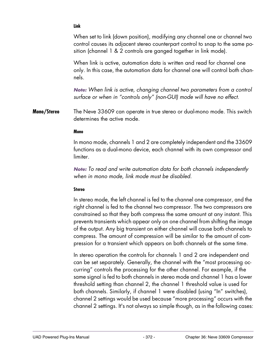 Mono/stereo, Switch (see, When the 33609 is used in a | Universal Audio UAD POWERED PLUG-INS ver.6.1 User Manual | Page 372 / 585