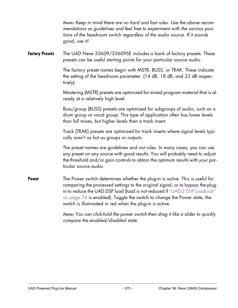 Factory presets, Power | Universal Audio UAD POWERED PLUG-INS ver.6.1 User Manual | Page 375 / 585