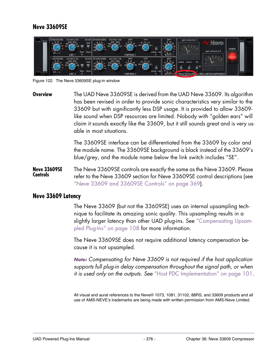 Neve 33609se, Overview, Neve 33609se controls | Neve 33609 latency | Universal Audio UAD POWERED PLUG-INS ver.6.1 User Manual | Page 376 / 585