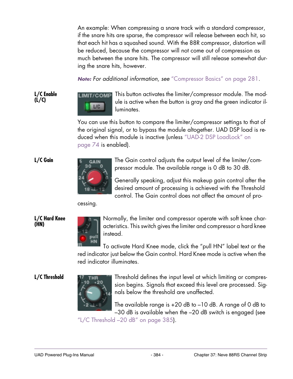 L/c enable (l/c), L/c gain, L/c hard knee (hn) | L/c threshold | Universal Audio UAD POWERED PLUG-INS ver.6.1 User Manual | Page 384 / 585