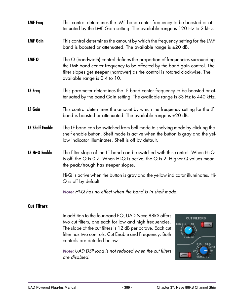 Lmf freq, Lmf gain, Lmf q | Lf freq, Lf gain, Lf shelf enable, Lf hi-q enable, Cut filters | Universal Audio UAD POWERED PLUG-INS ver.6.1 User Manual | Page 389 / 585