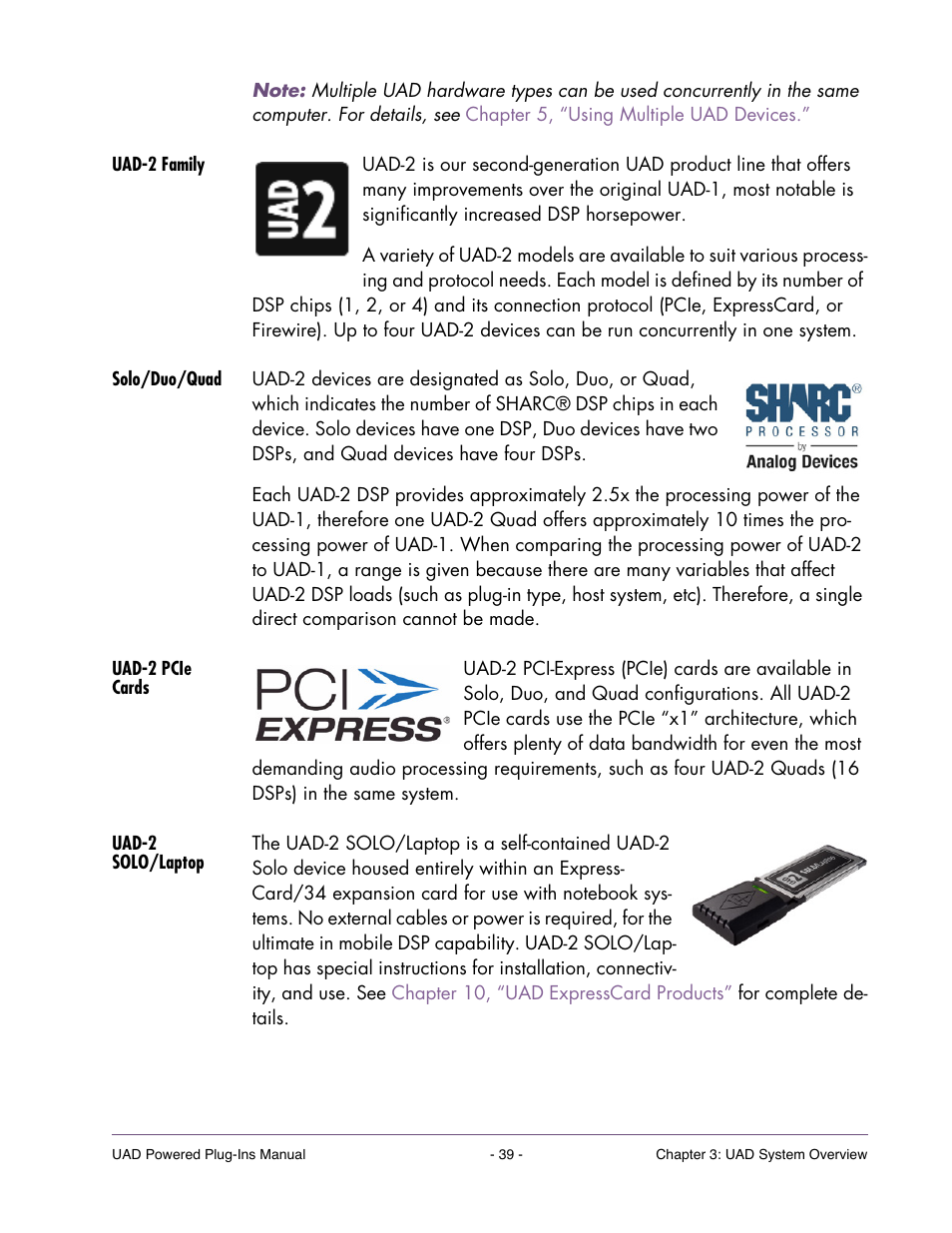 Uad-2 family, Solo/duo/quad, Uad-2 pcie cards | Uad-2 solo/laptop | Universal Audio UAD POWERED PLUG-INS ver.6.1 User Manual | Page 39 / 585