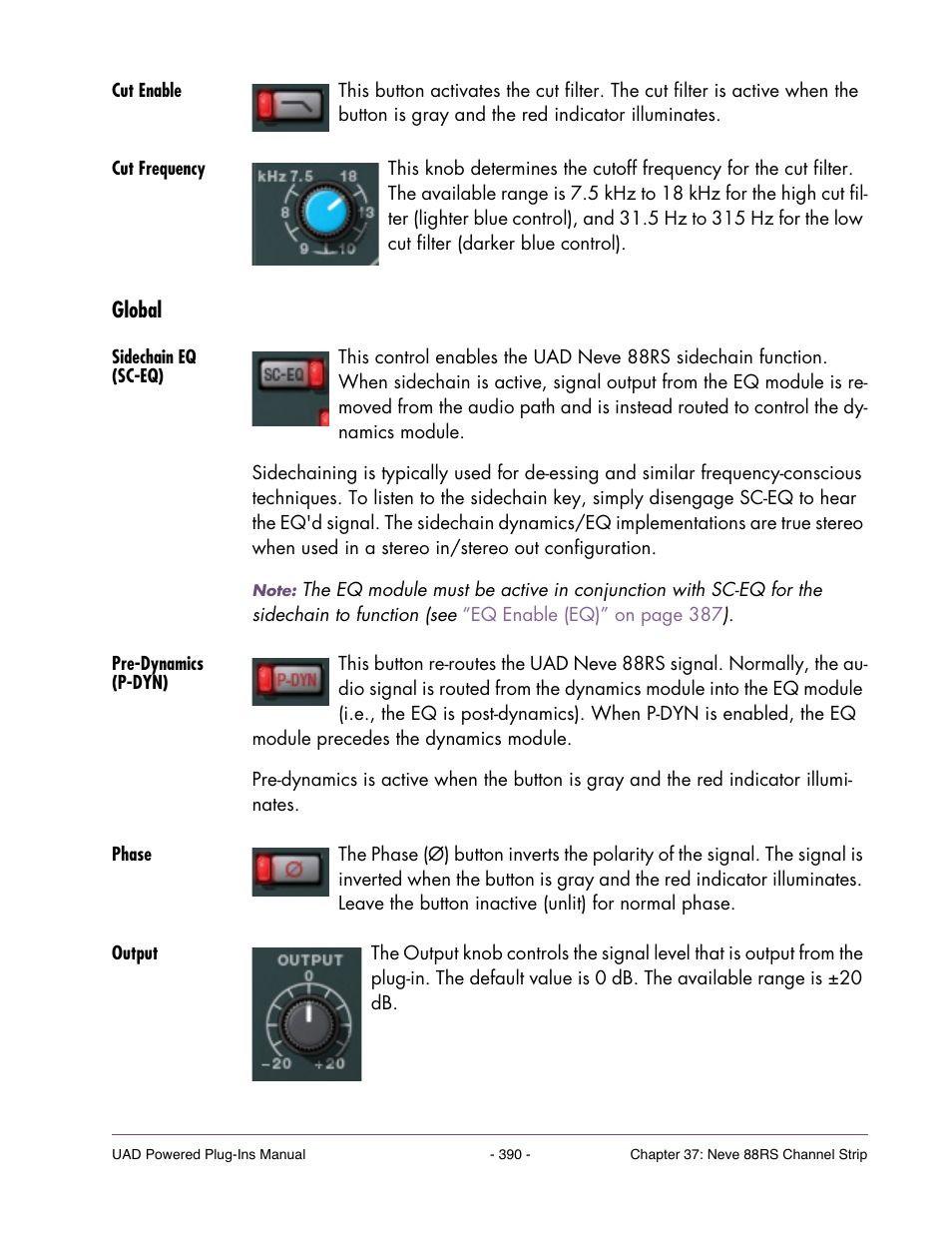 Cut enable, Cut frequency, Global | Sidechain eq (sc-eq), Pre-dynamics (p-dyn), Phase, Output | Universal Audio UAD POWERED PLUG-INS ver.6.1 User Manual | Page 390 / 585