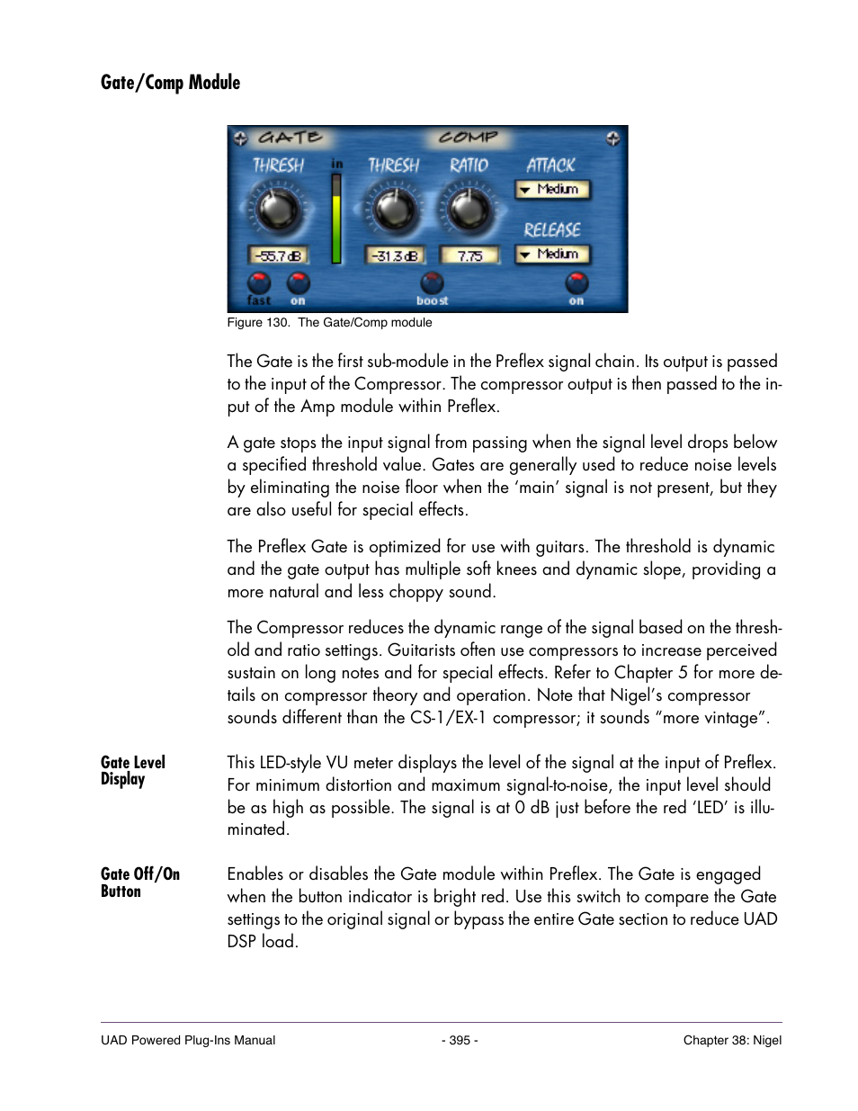 Gate/comp module, Gate level display, Gate off/on button | Universal Audio UAD POWERED PLUG-INS ver.6.1 User Manual | Page 395 / 585