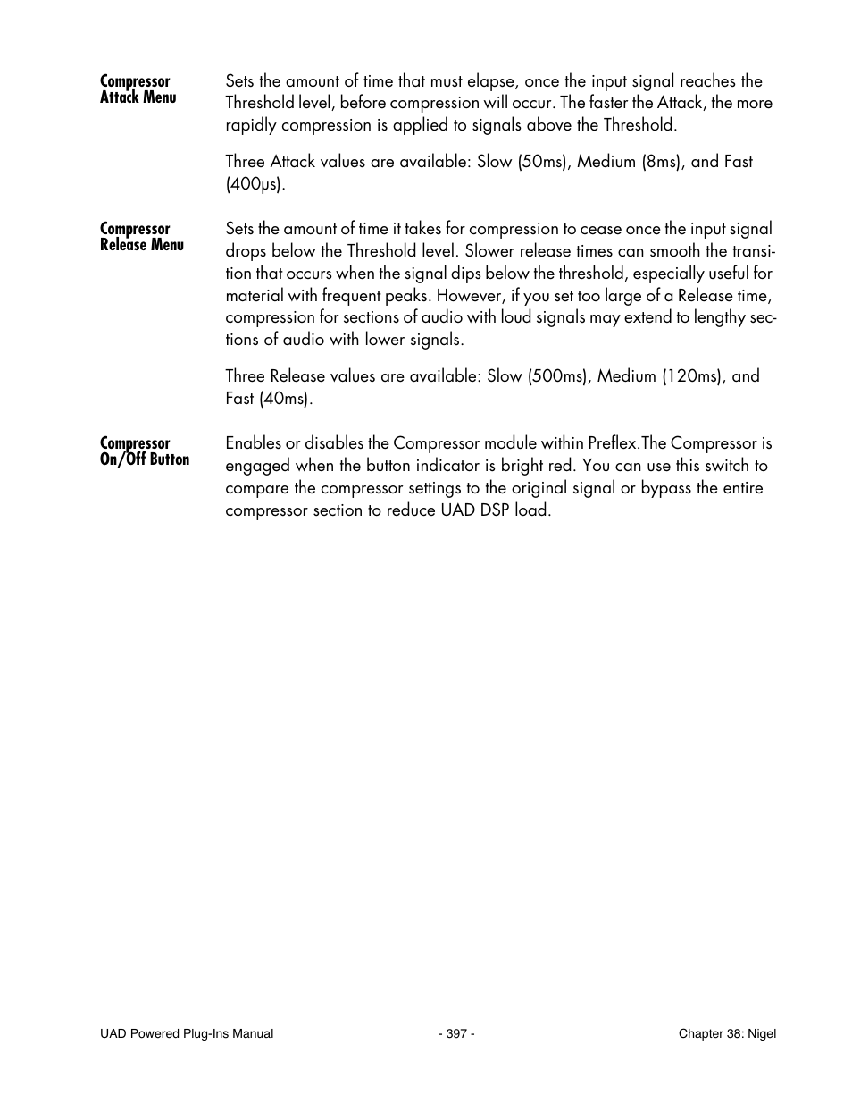Compressor attack menu, Compressor release menu, Compressor on/off button | Universal Audio UAD POWERED PLUG-INS ver.6.1 User Manual | Page 397 / 585