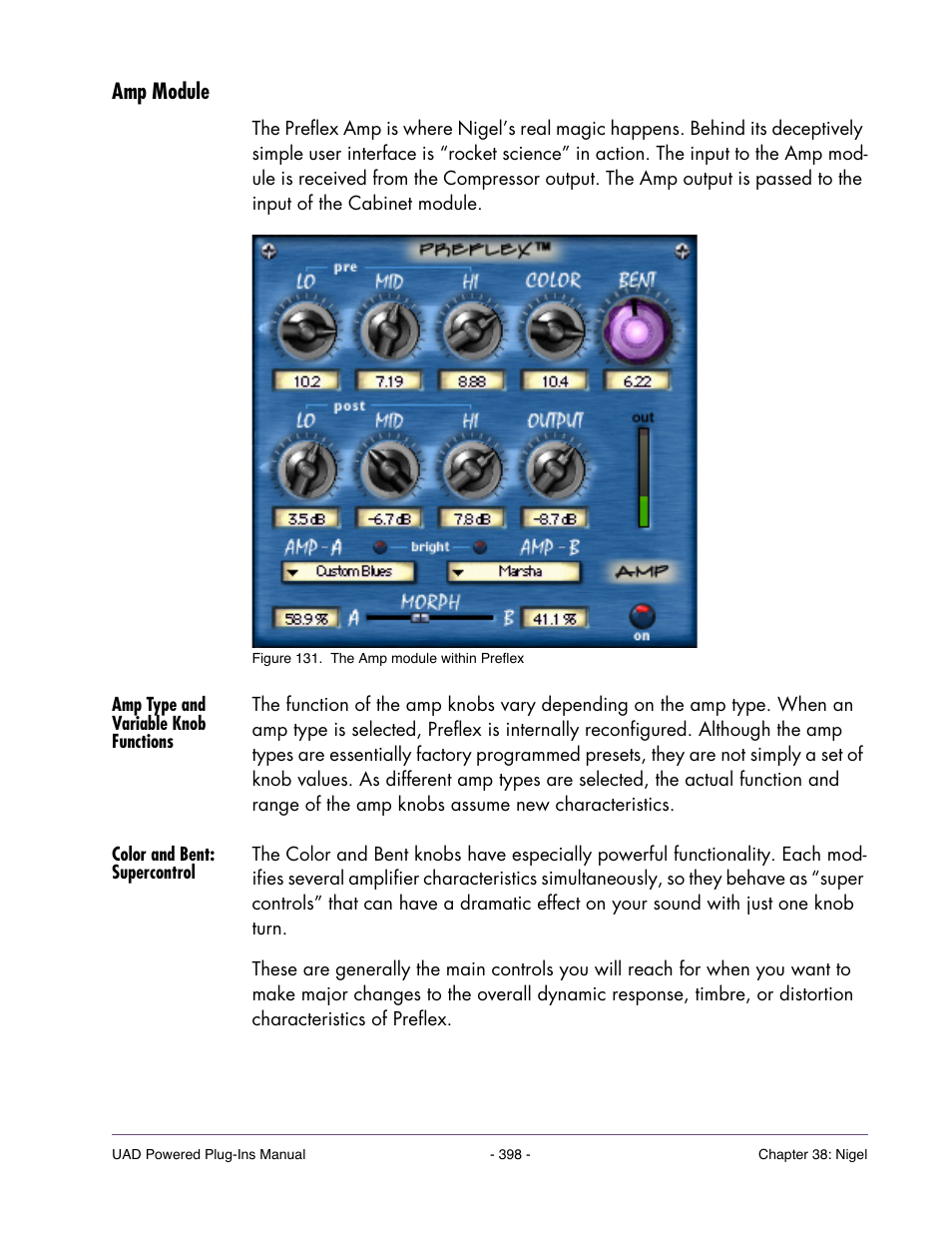 Amp module, Amp type and variable knob functions, Color and bent: supercontrol | Universal Audio UAD POWERED PLUG-INS ver.6.1 User Manual | Page 398 / 585