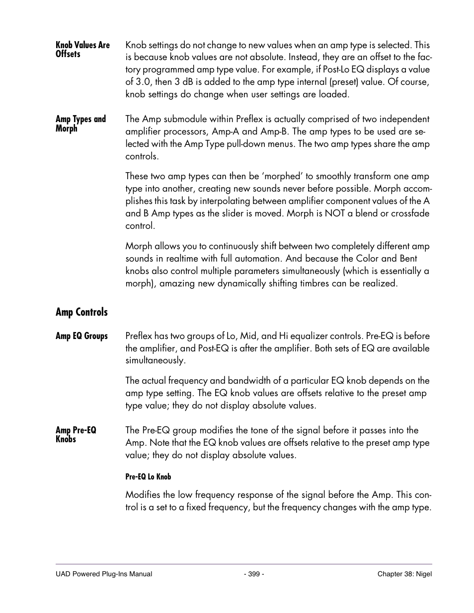 Knob values are offsets, Amp types and morph, Amp controls | Amp eq groups, Amp pre-eq knobs | Universal Audio UAD POWERED PLUG-INS ver.6.1 User Manual | Page 399 / 585