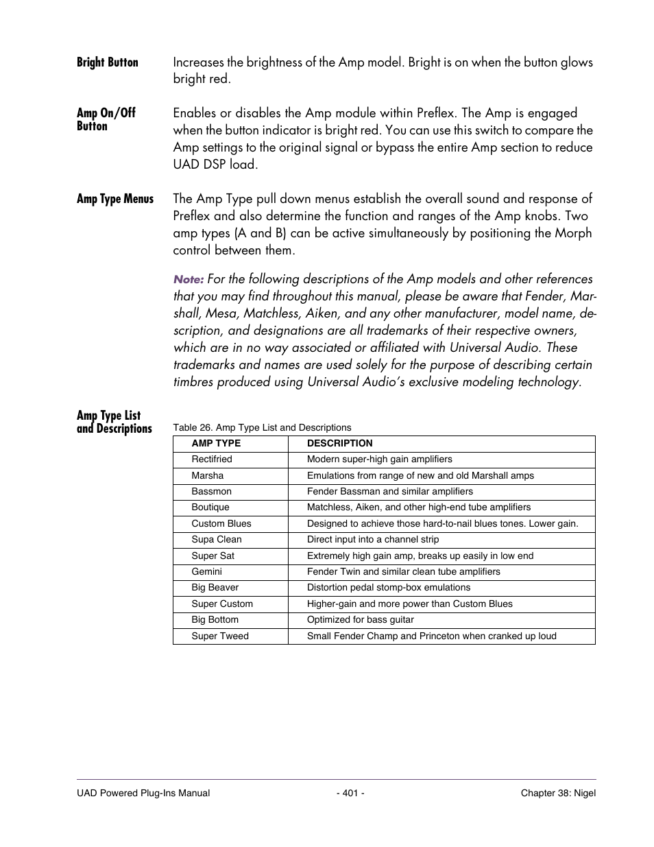 Bright button, Amp on/off button, Amp type menus | Amp type list and descriptions | Universal Audio UAD POWERED PLUG-INS ver.6.1 User Manual | Page 401 / 585