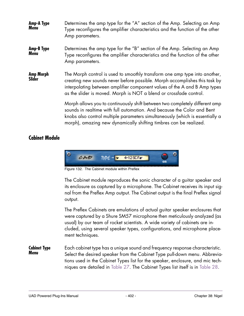 Amp-a type menu, Amp-b type menu, Amp morph slider | Cabinet module, Cabinet type menu | Universal Audio UAD POWERED PLUG-INS ver.6.1 User Manual | Page 402 / 585