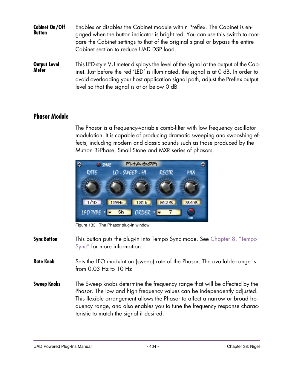 Cabinet on/off button, Output level meter, Phasor module | Sync button, Rate knob, Sweep knobs | Universal Audio UAD POWERED PLUG-INS ver.6.1 User Manual | Page 404 / 585