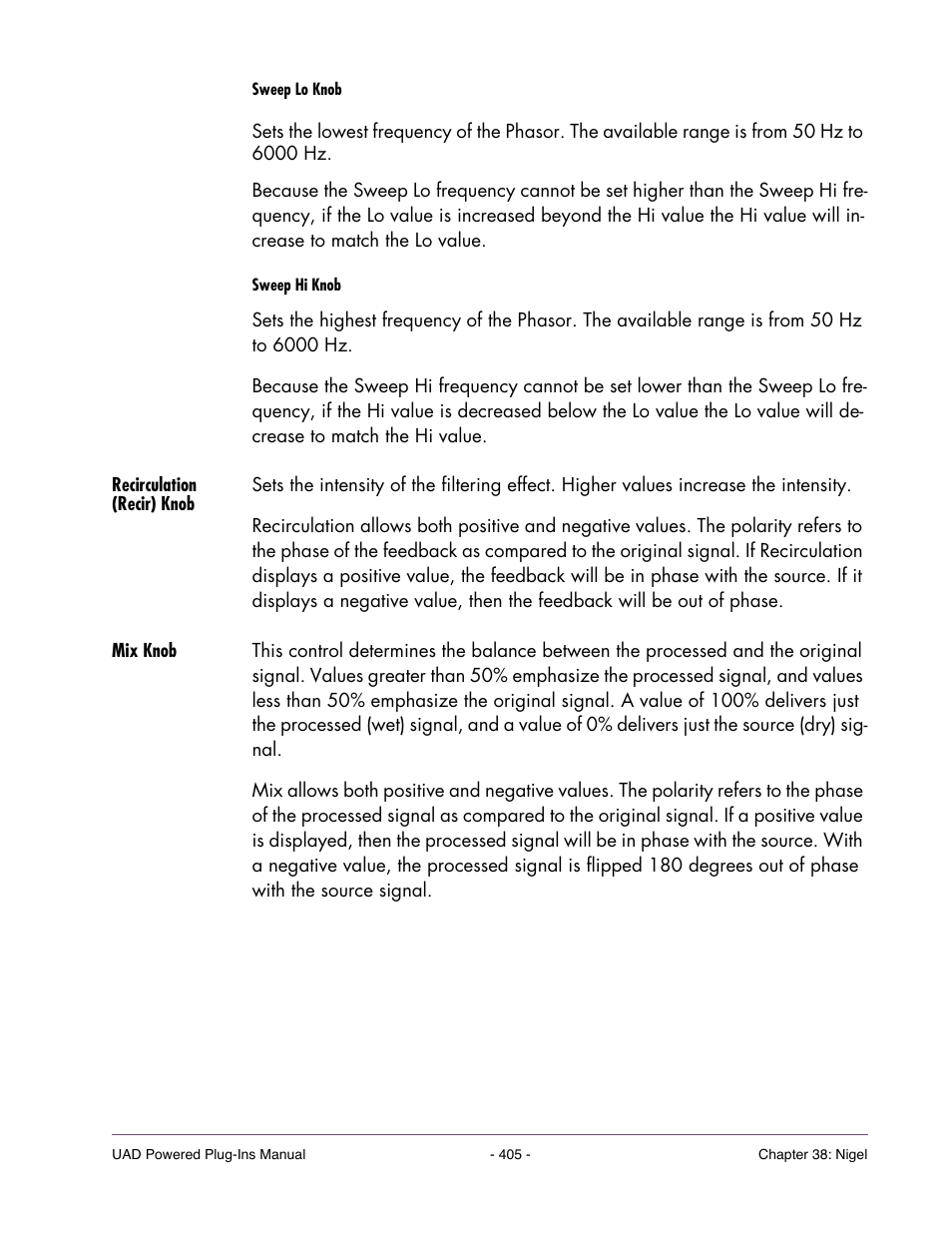 Recirculation (recir) knob, Mix knob | Universal Audio UAD POWERED PLUG-INS ver.6.1 User Manual | Page 405 / 585