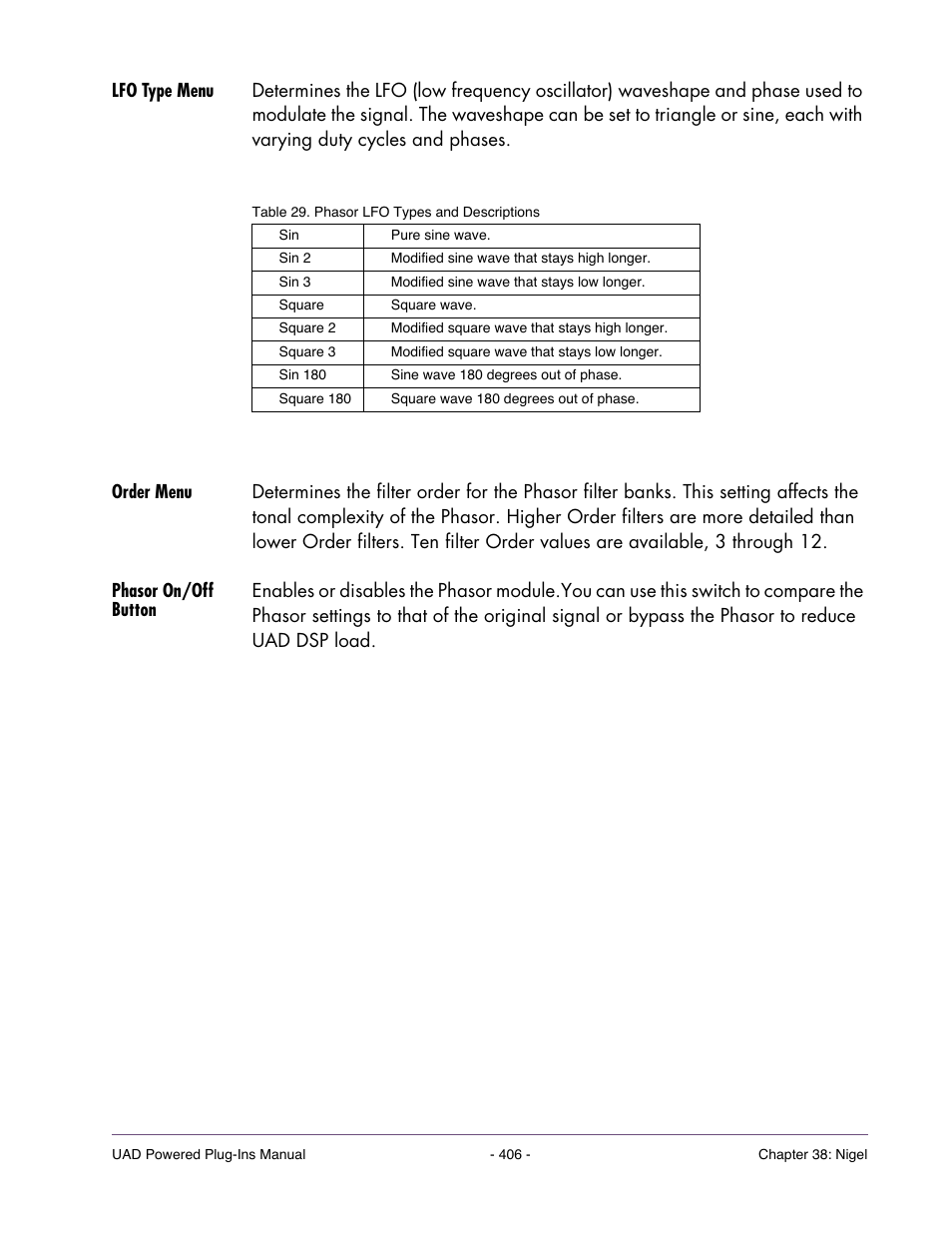 Lfo type menu, Order menu, Phasor on/off button | Universal Audio UAD POWERED PLUG-INS ver.6.1 User Manual | Page 406 / 585