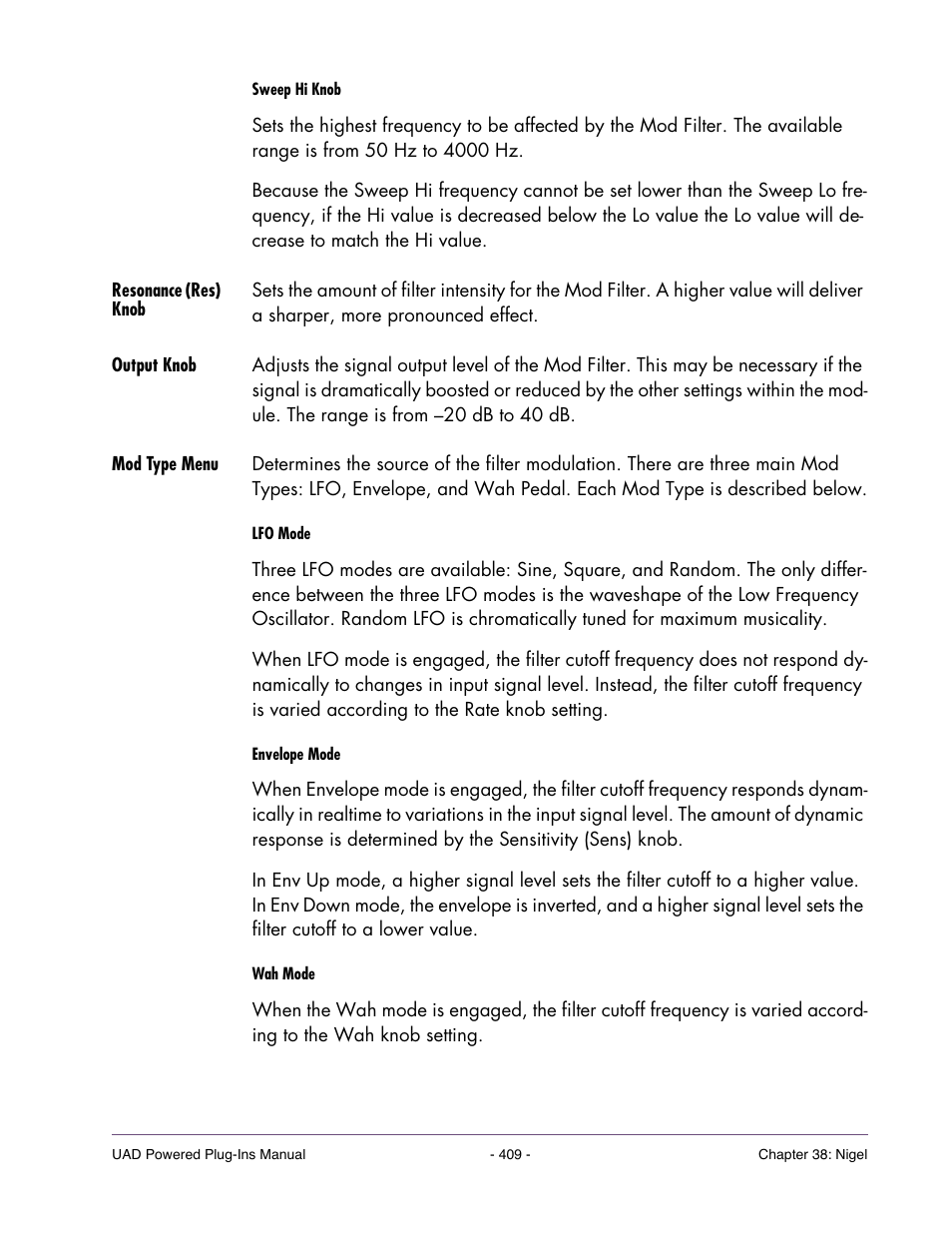 Resonance (res) knob, Output knob, Mod type menu | Universal Audio UAD POWERED PLUG-INS ver.6.1 User Manual | Page 409 / 585