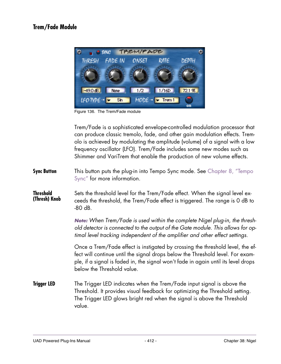 Trem/fade module, Sync button, Threshold (thresh) knob | Trigger led | Universal Audio UAD POWERED PLUG-INS ver.6.1 User Manual | Page 412 / 585