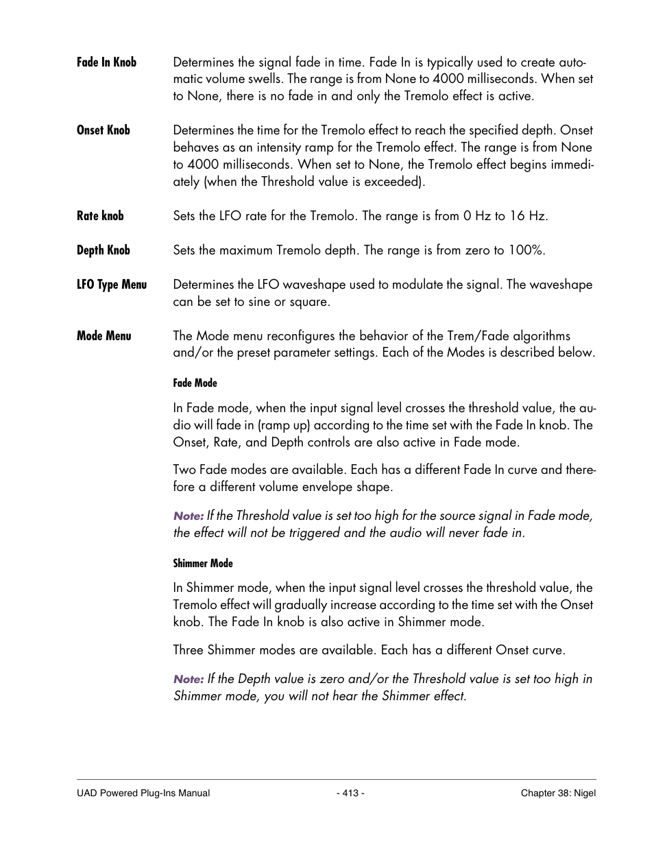 Fade in knob, Onset knob, Rate knob | Depth knob, Lfo type menu, Mode menu | Universal Audio UAD POWERED PLUG-INS ver.6.1 User Manual | Page 413 / 585