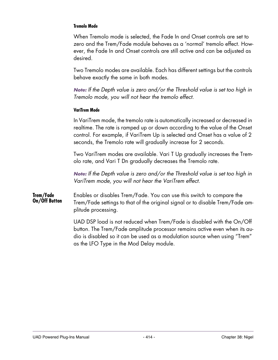 Trem/fade on/off button | Universal Audio UAD POWERED PLUG-INS ver.6.1 User Manual | Page 414 / 585