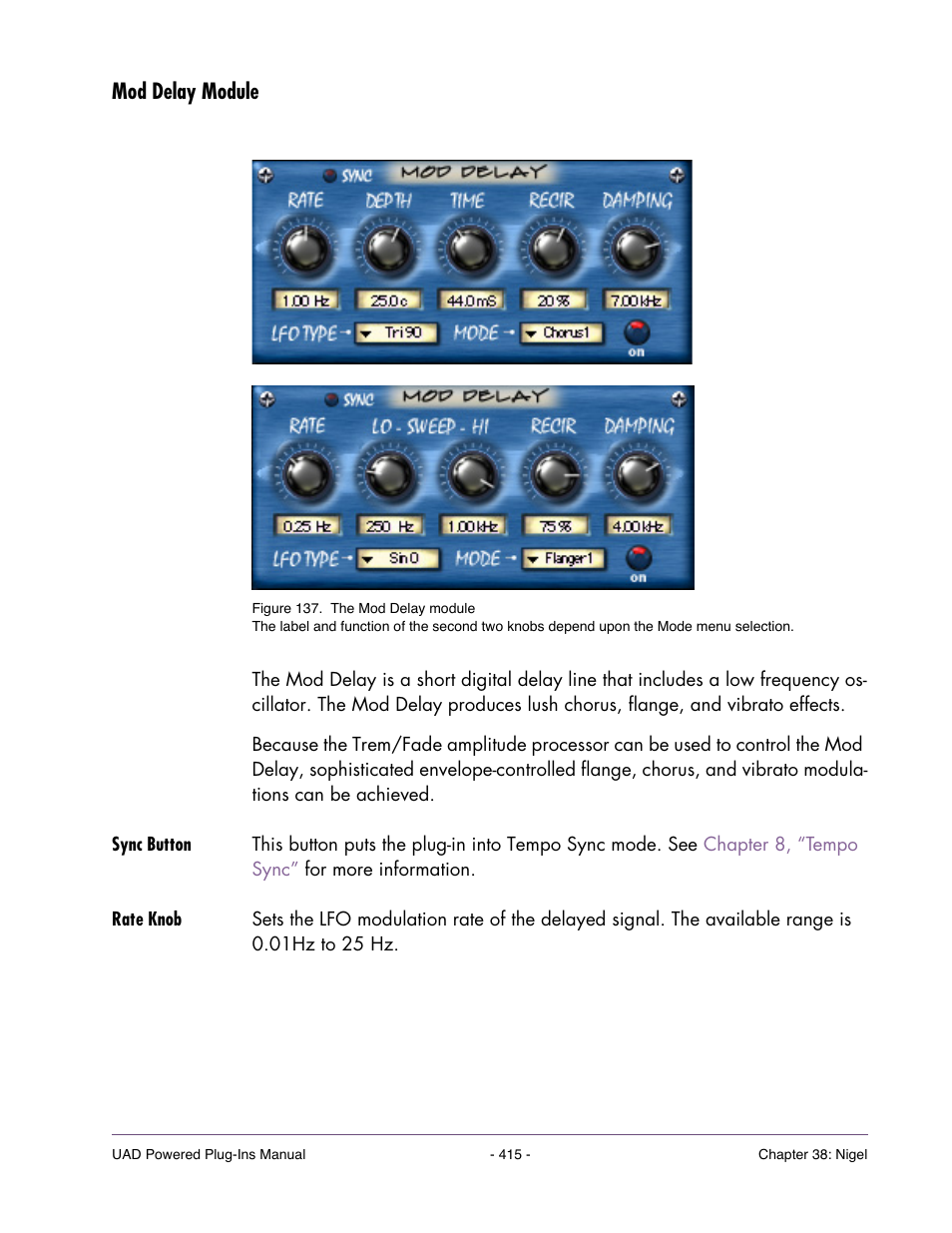 Mod delay module, Sync button, Rate knob | Universal Audio UAD POWERED PLUG-INS ver.6.1 User Manual | Page 415 / 585