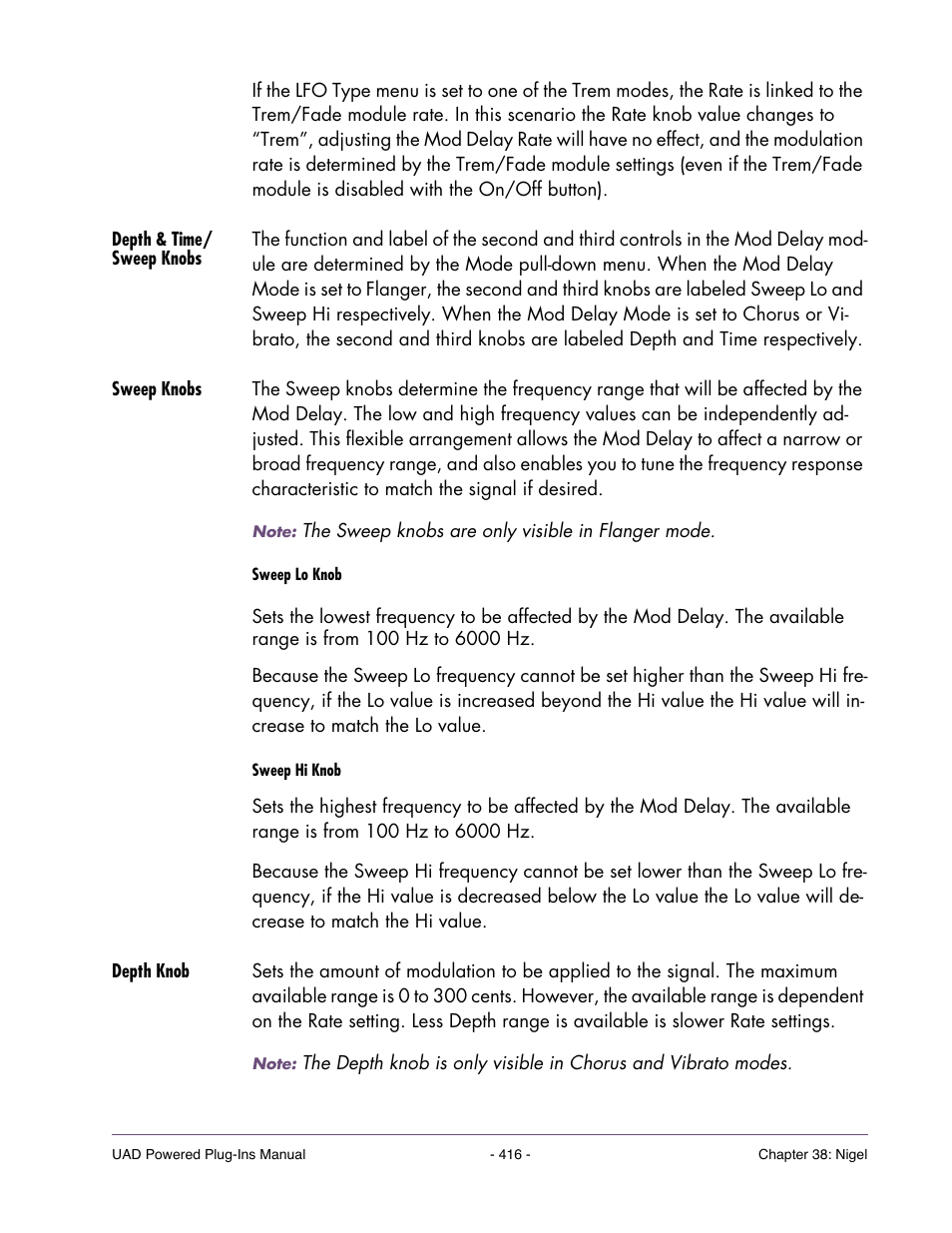 Depth & time/ sweep knobs, Sweep knobs, Depth knob | Universal Audio UAD POWERED PLUG-INS ver.6.1 User Manual | Page 416 / 585