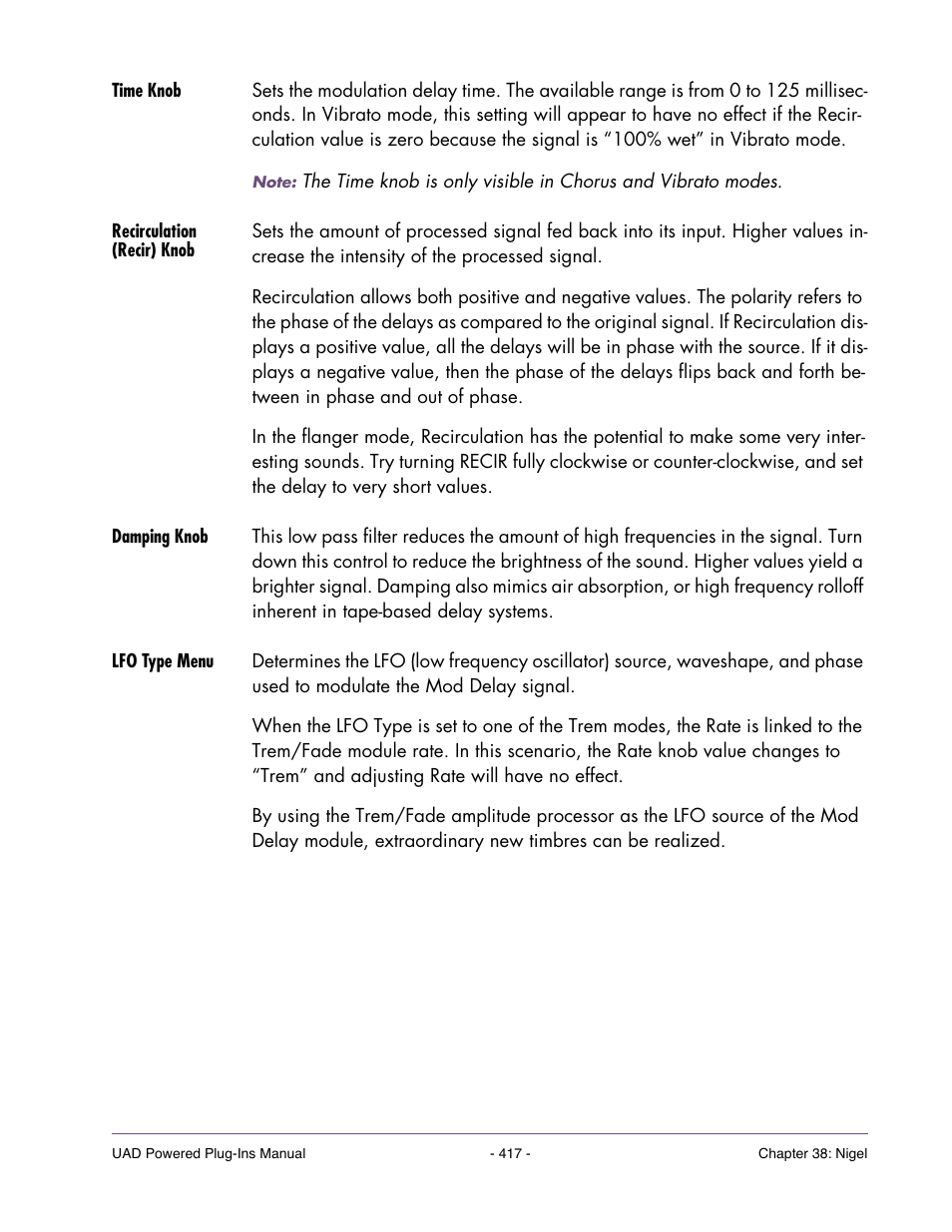 Time knob, Recirculation (recir) knob, Damping knob | Lfo type menu | Universal Audio UAD POWERED PLUG-INS ver.6.1 User Manual | Page 417 / 585