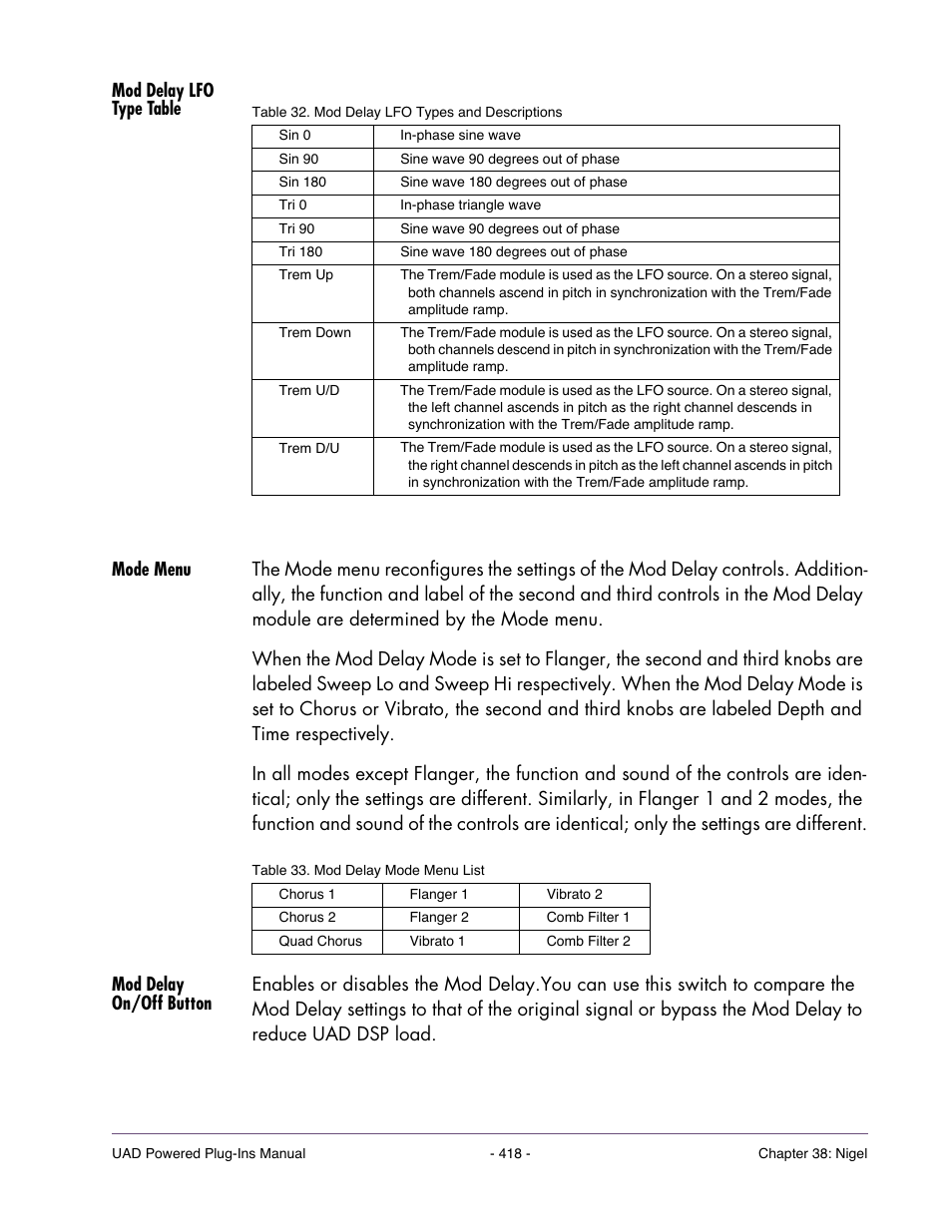 Mod delay lfo type table, Mode menu, Mod delay on/off button | Universal Audio UAD POWERED PLUG-INS ver.6.1 User Manual | Page 418 / 585