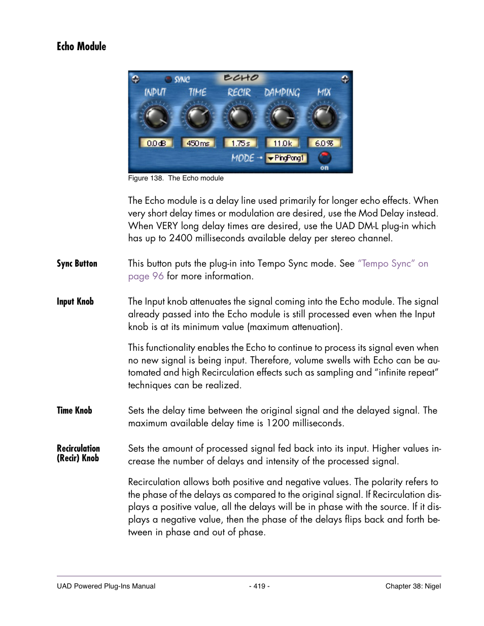 Echo module, Sync button, Input knob | Time knob, Recirculation (recir) knob | Universal Audio UAD POWERED PLUG-INS ver.6.1 User Manual | Page 419 / 585