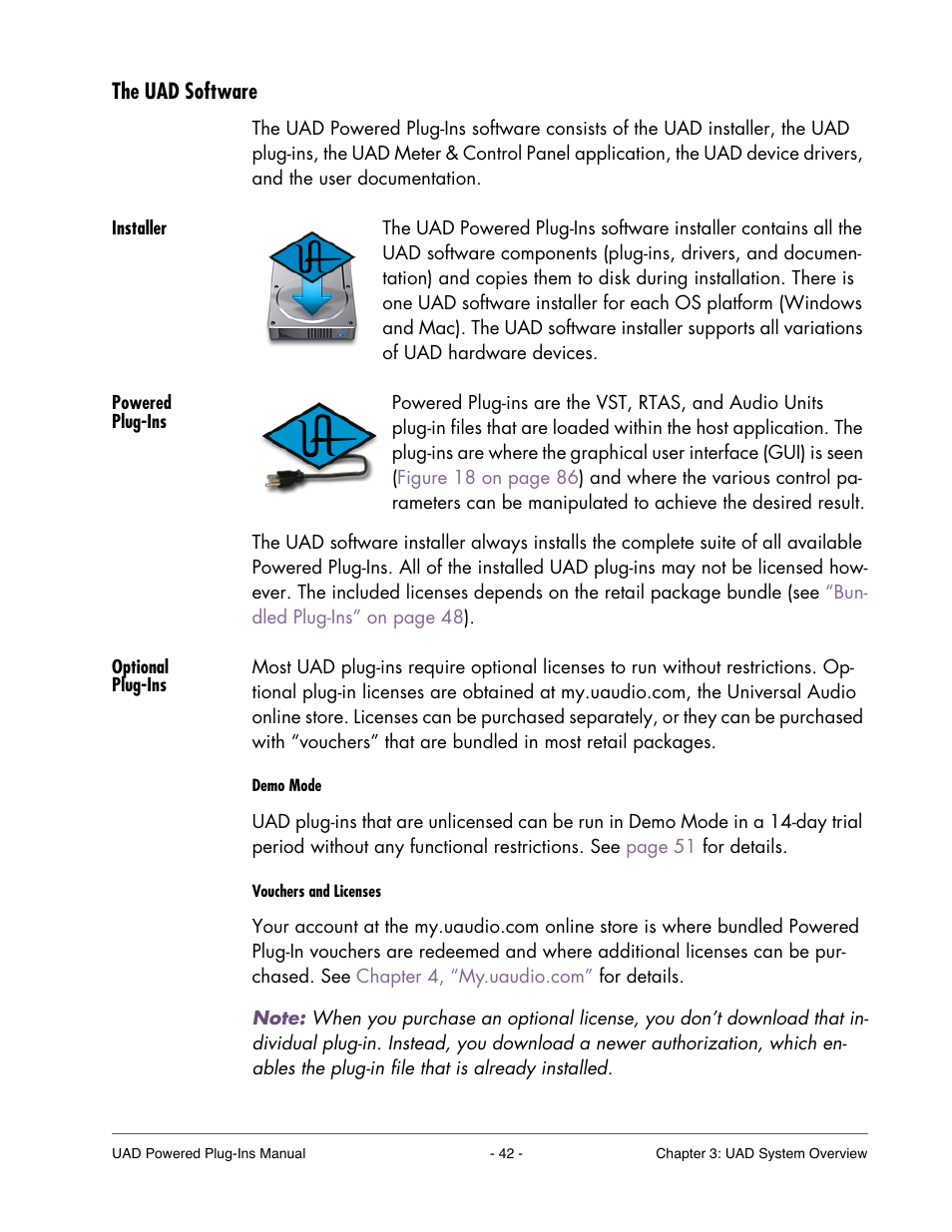 The uad software, Installer, Powered plug-ins | Optional plug-ins, Connects via firewire, enabling, Powered, Plug-ins | Universal Audio UAD POWERED PLUG-INS ver.6.1 User Manual | Page 42 / 585