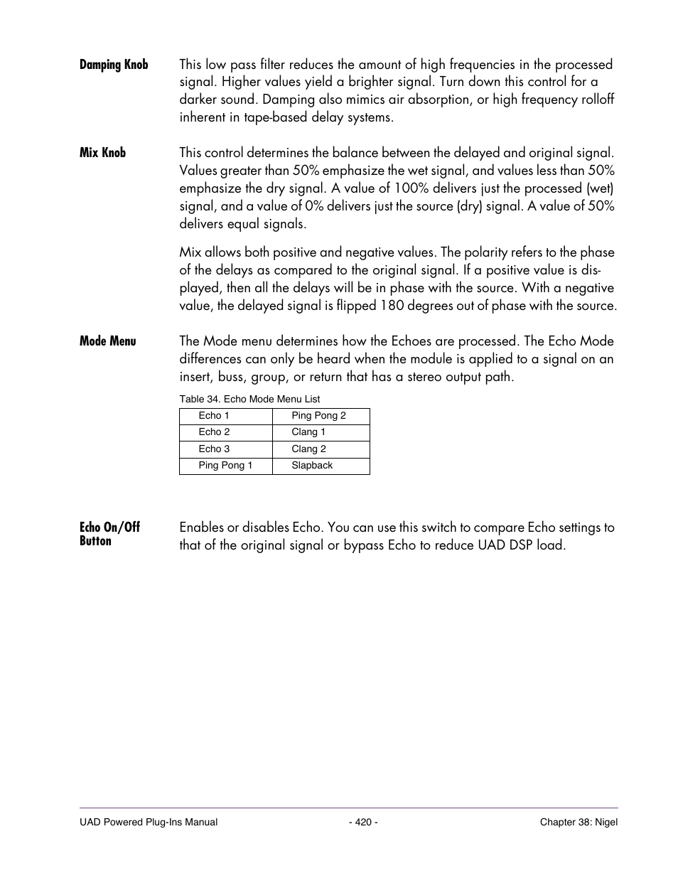 Damping knob, Mix knob, Mode menu | Echo on/off button | Universal Audio UAD POWERED PLUG-INS ver.6.1 User Manual | Page 420 / 585