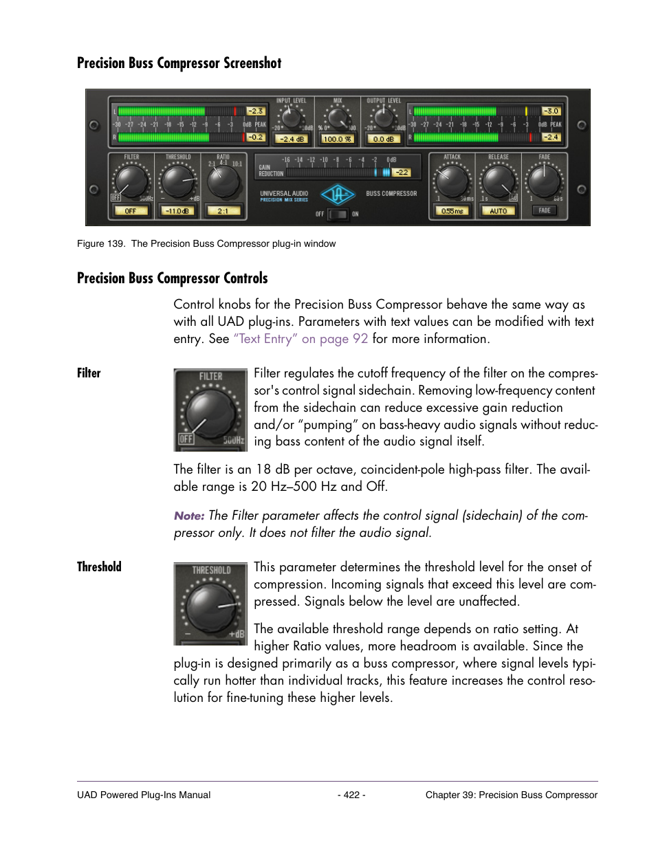 Precision buss compressor screenshot, Precision buss compressor controls, Filter | Threshold | Universal Audio UAD POWERED PLUG-INS ver.6.1 User Manual | Page 422 / 585