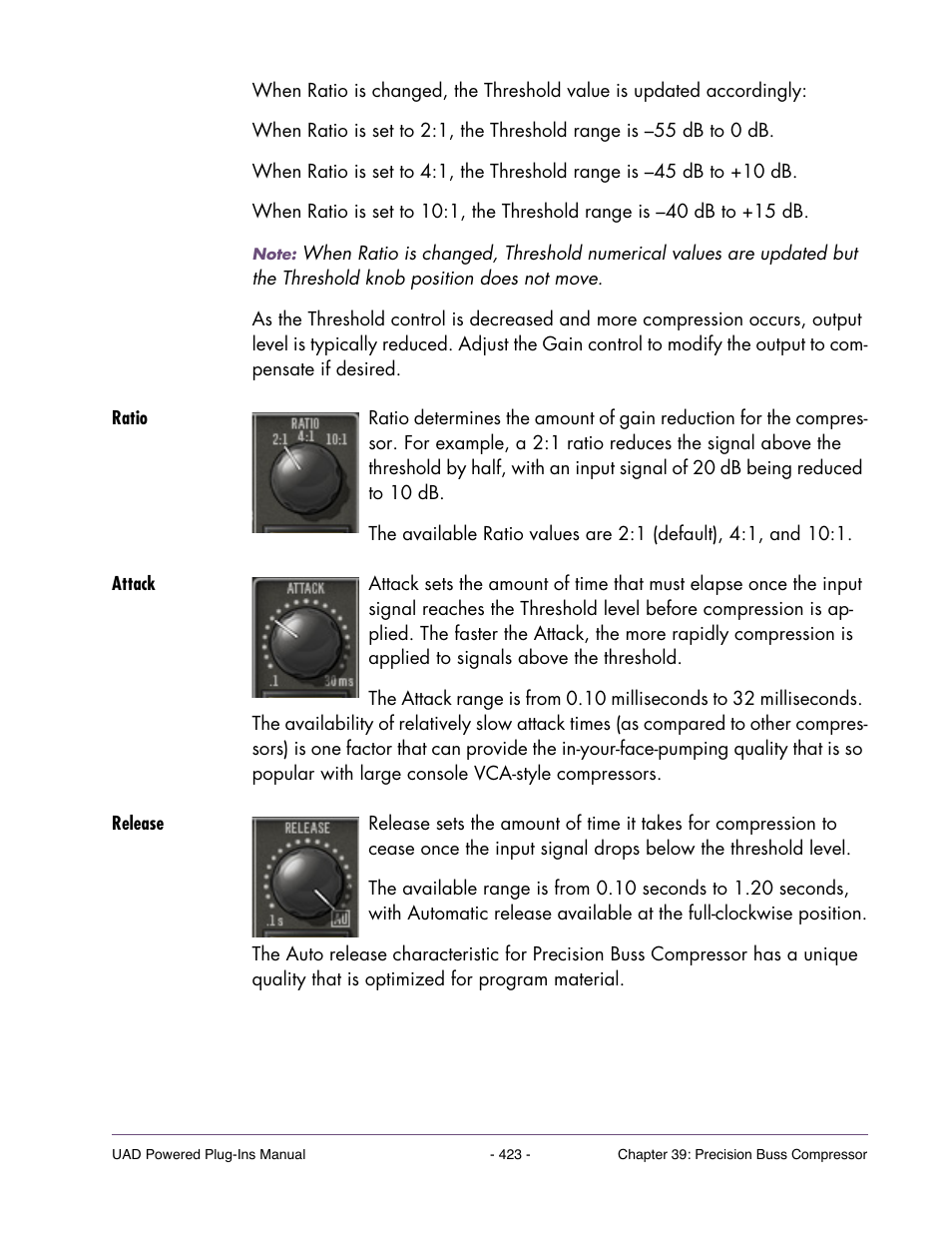 Ratio, Attack, Release | Universal Audio UAD POWERED PLUG-INS ver.6.1 User Manual | Page 423 / 585