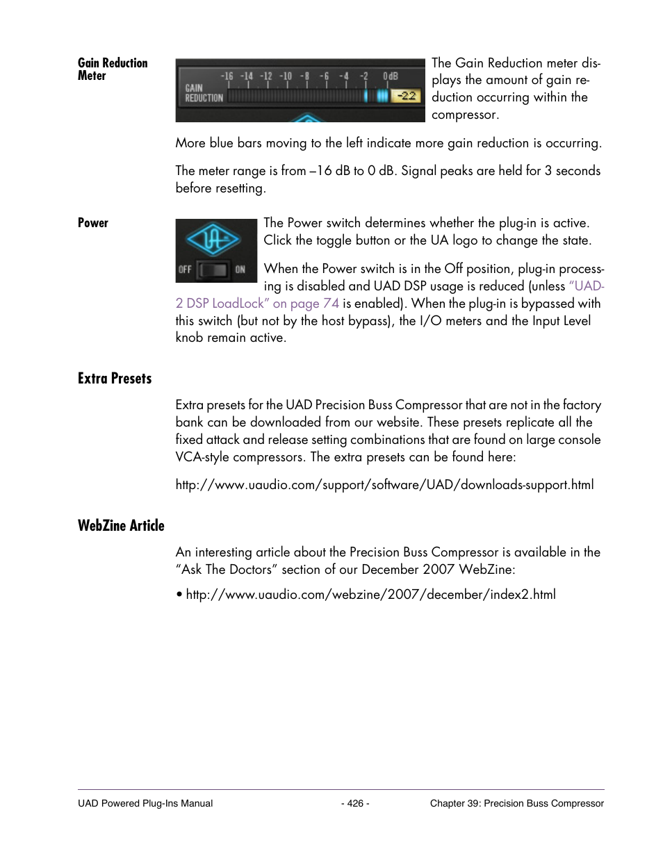 Gain reduction meter, Power, Extra presets | Webzine article | Universal Audio UAD POWERED PLUG-INS ver.6.1 User Manual | Page 426 / 585