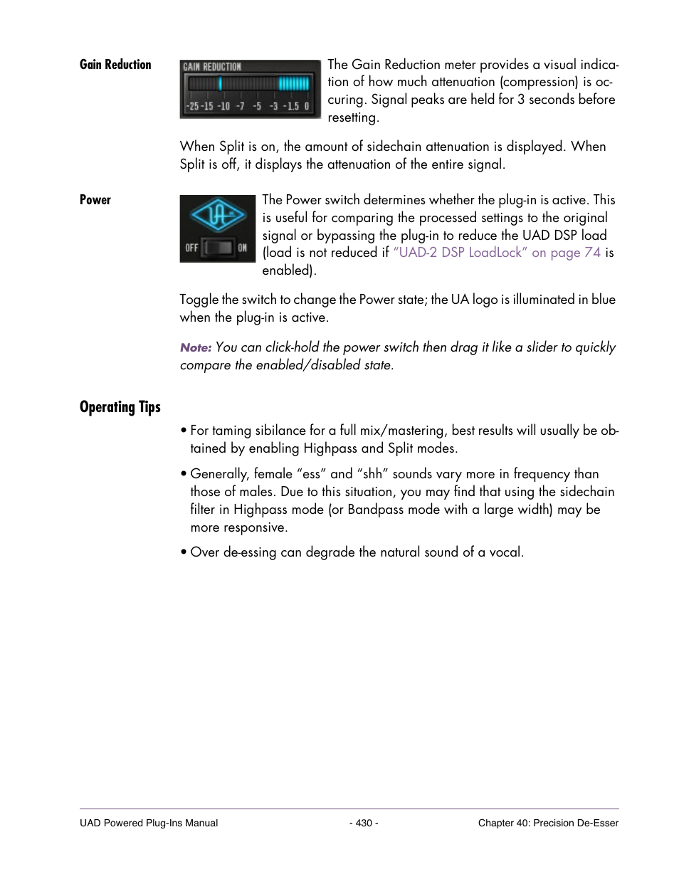 Gain reduction, Power, Operating tips | Universal Audio UAD POWERED PLUG-INS ver.6.1 User Manual | Page 430 / 585