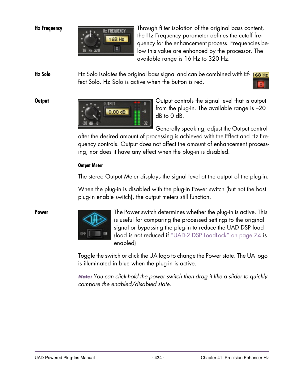 Hz frequency, Hz solo, Output | Power, Hz solo” on, The complete “mixed” effect is heard | Universal Audio UAD POWERED PLUG-INS ver.6.1 User Manual | Page 434 / 585