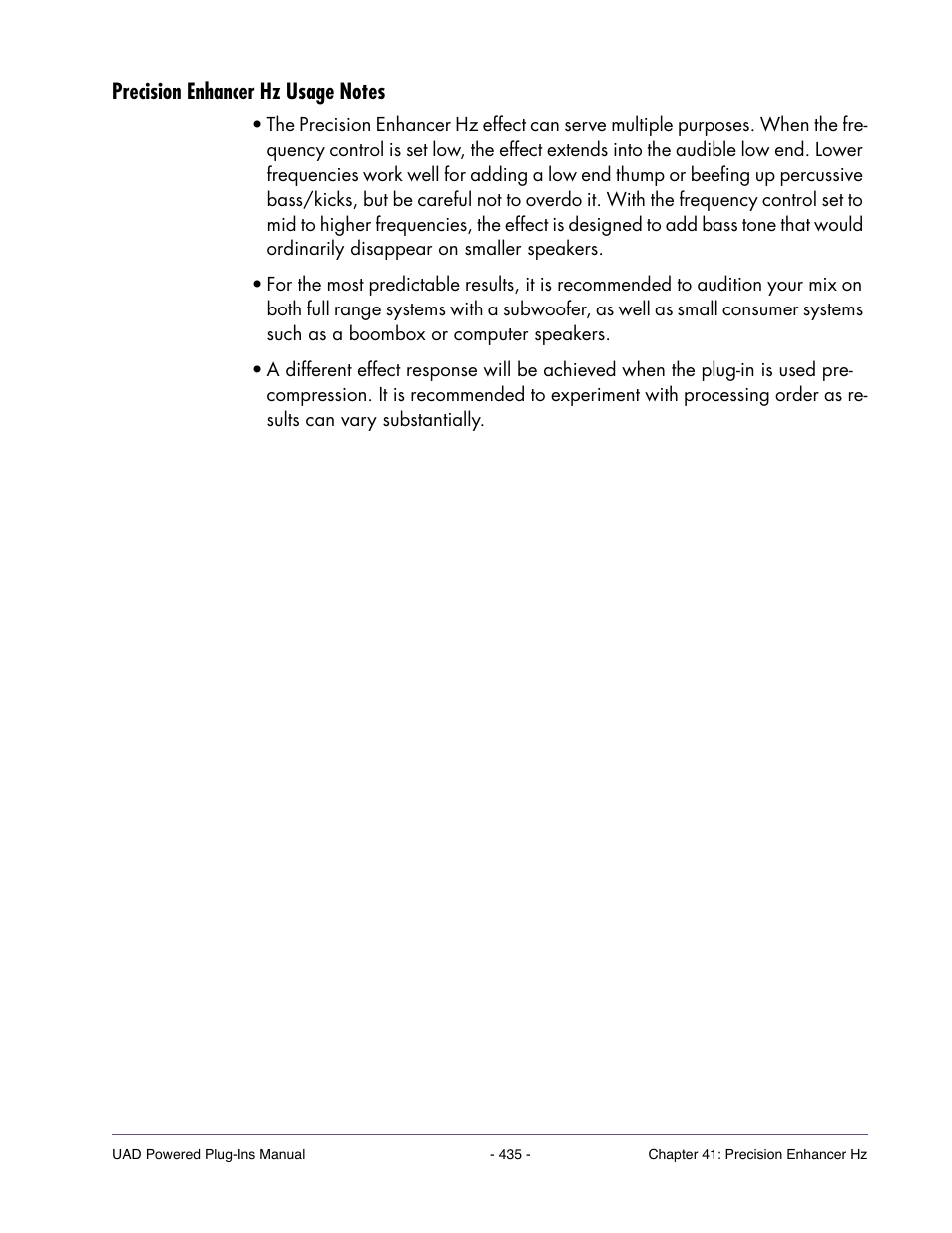 Precision enhancer hz usage notes | Universal Audio UAD POWERED PLUG-INS ver.6.1 User Manual | Page 435 / 585