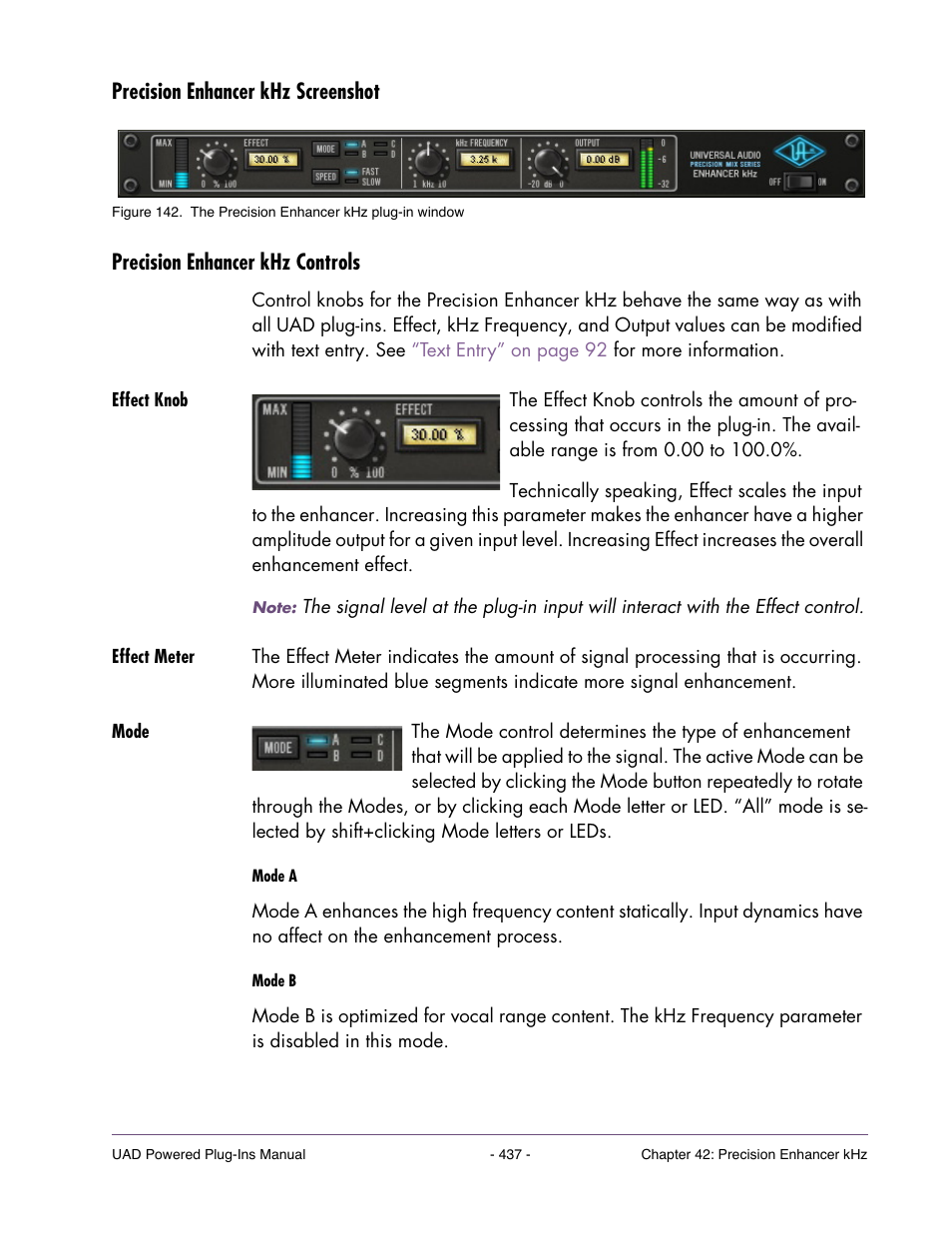 Precision enhancer khz screenshot, Precision enhancer khz controls, Effect knob | Effect meter, Mode | Universal Audio UAD POWERED PLUG-INS ver.6.1 User Manual | Page 437 / 585