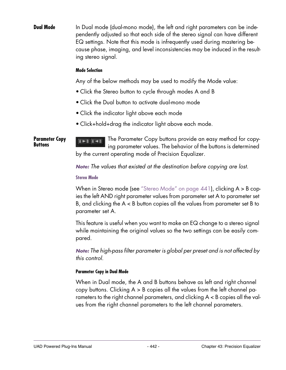 Dual mode, Parameter copy buttons | Universal Audio UAD POWERED PLUG-INS ver.6.1 User Manual | Page 442 / 585