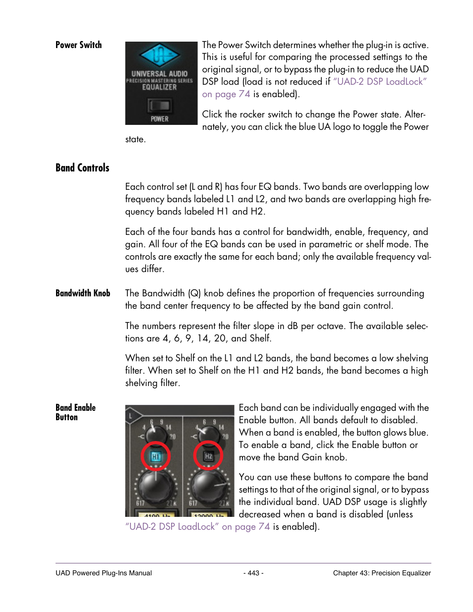 Power switch, Band controls, Bandwidth knob | Band enable button | Universal Audio UAD POWERED PLUG-INS ver.6.1 User Manual | Page 443 / 585