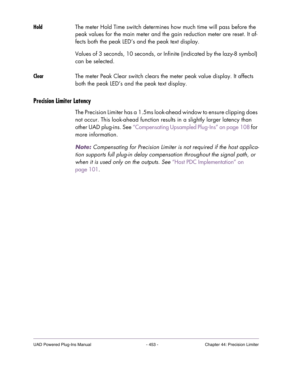 Hold, Clear, Precision limiter latency | Universal Audio UAD POWERED PLUG-INS ver.6.1 User Manual | Page 453 / 585