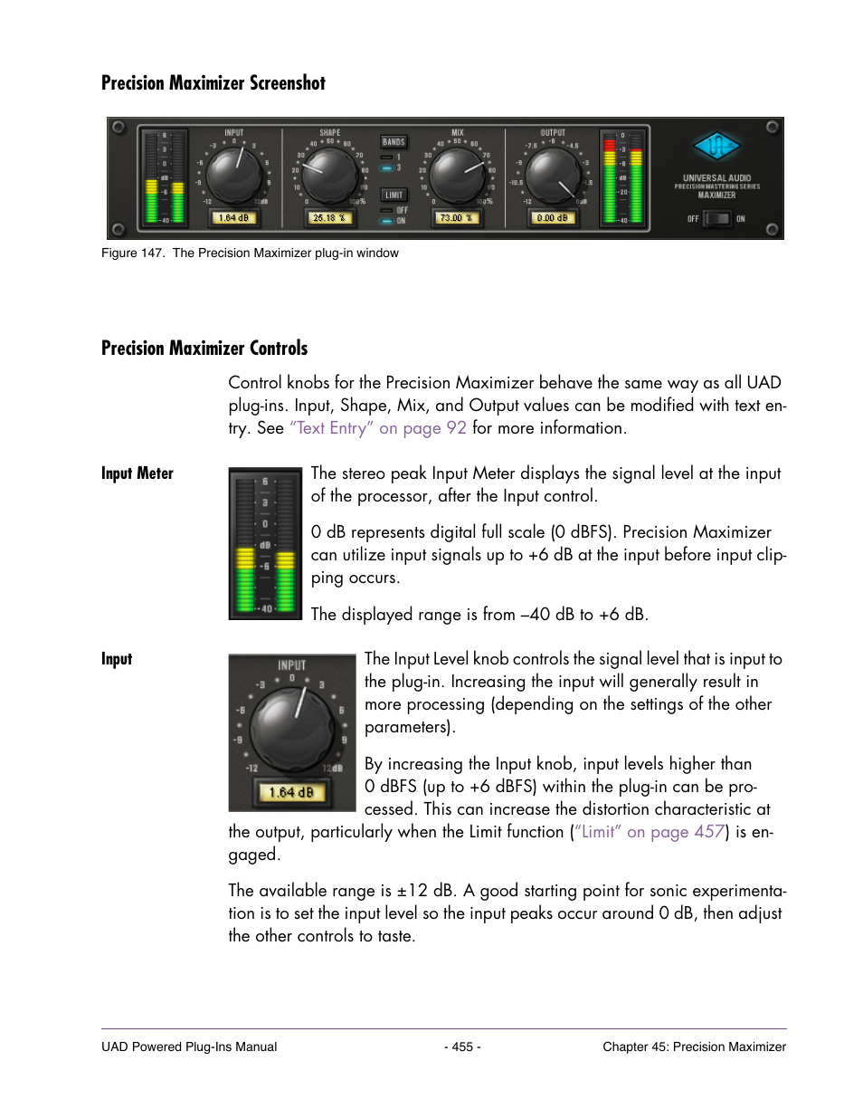 Precision maximizer screenshot, Precision maximizer controls, Input meter | Input, Put meter | Universal Audio UAD POWERED PLUG-INS ver.6.1 User Manual | Page 455 / 585