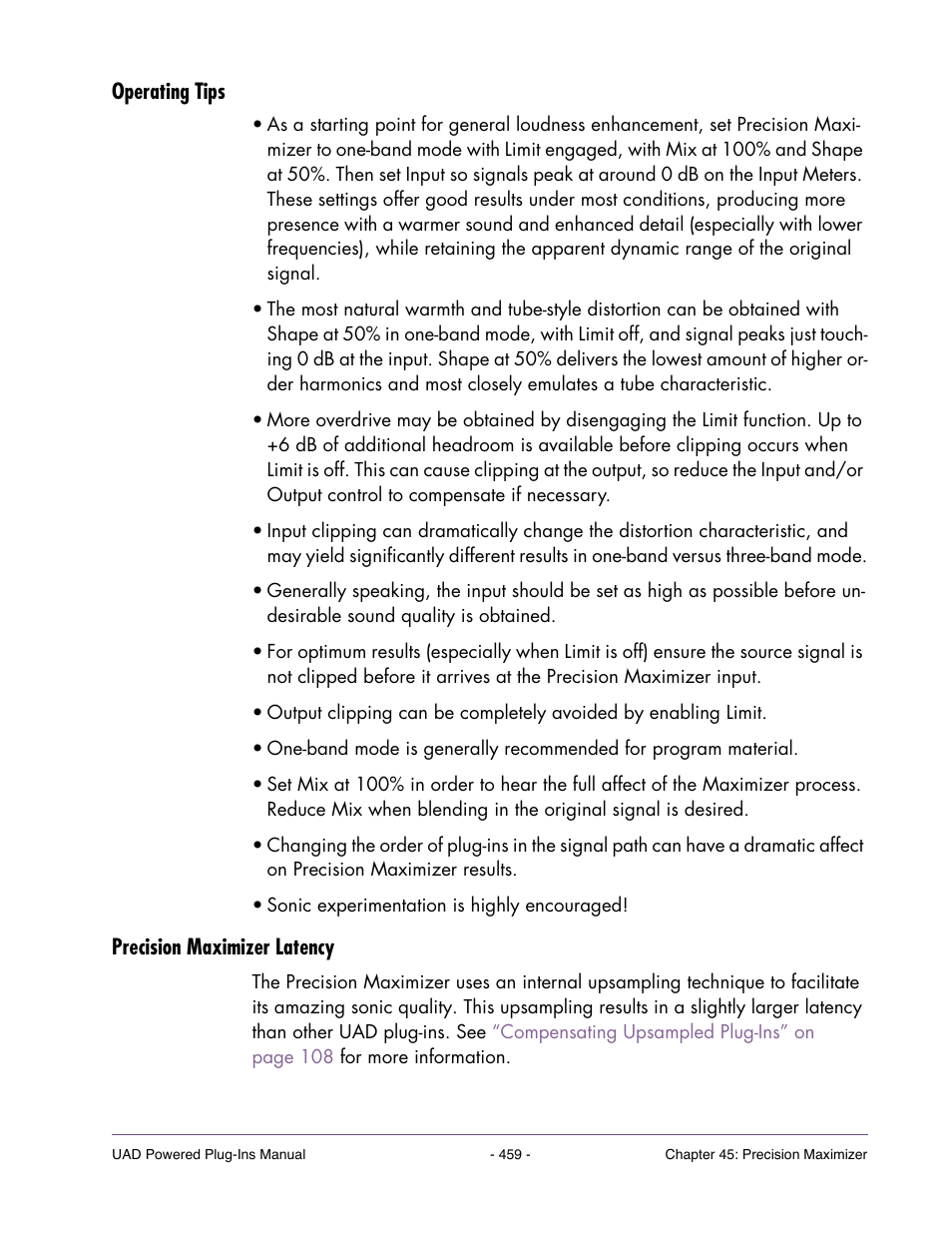 Operating tips, Precision maximizer latency, For practical usage information | Universal Audio UAD POWERED PLUG-INS ver.6.1 User Manual | Page 459 / 585