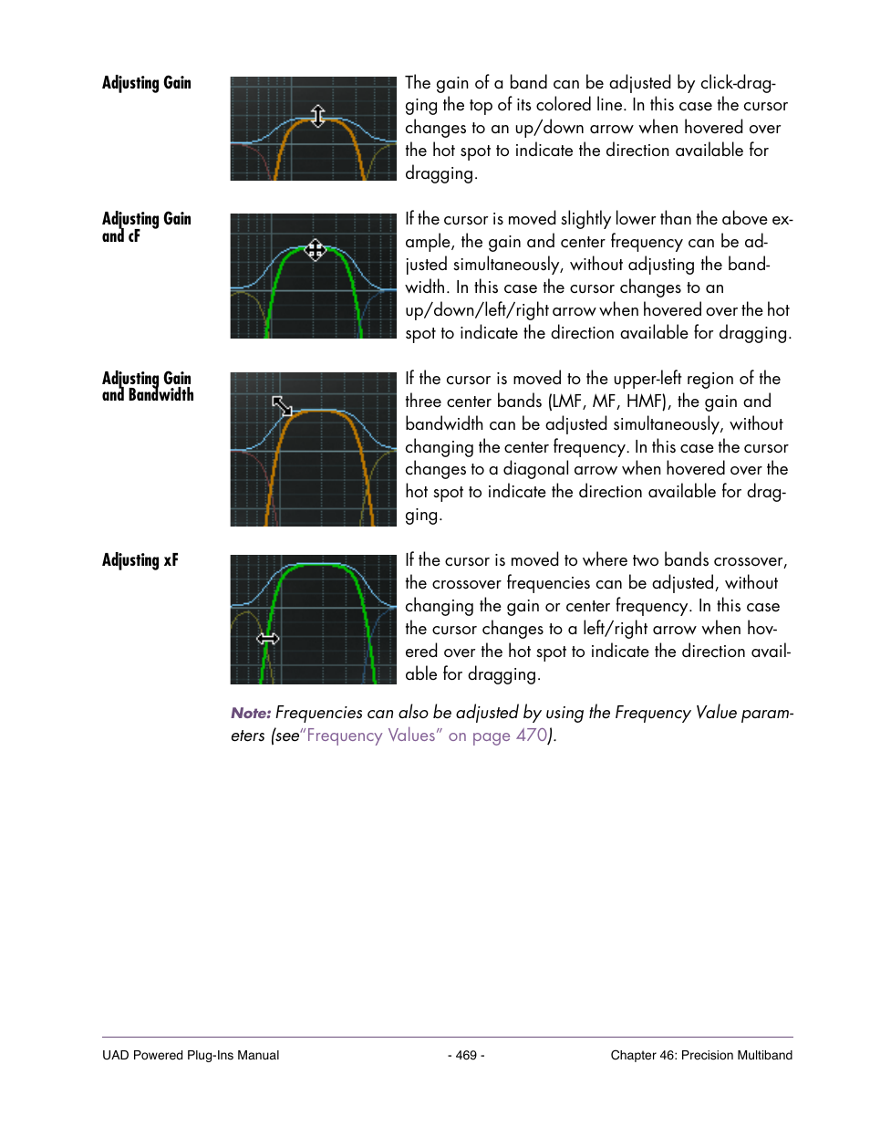 Adjusting gain, Adjusting gain and cf, Adjusting gain and bandwidth | Adjusting xf | Universal Audio UAD POWERED PLUG-INS ver.6.1 User Manual | Page 469 / 585