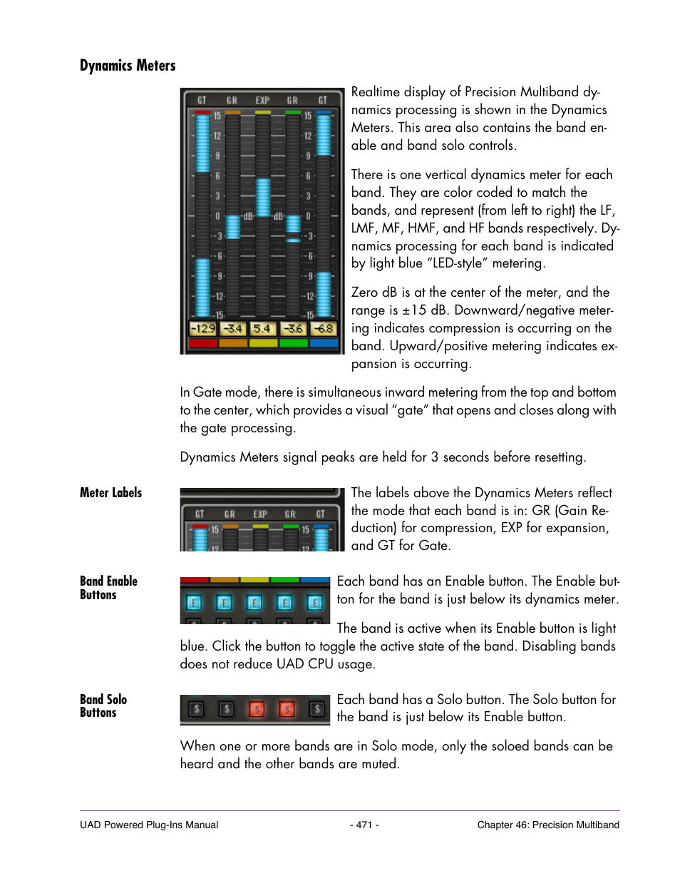 Dynamics meters, Meter labels, Band enable buttons | Band solo buttons, Dynamics meters” on | Universal Audio UAD POWERED PLUG-INS ver.6.1 User Manual | Page 471 / 585